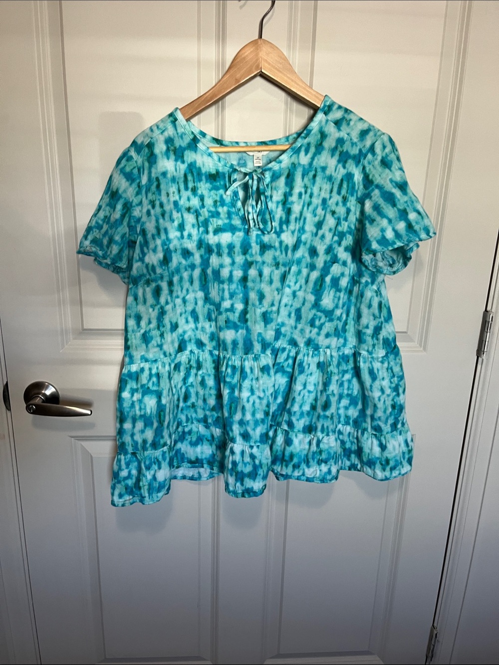 Terra & Sky Teal Blue Teried watercolor  tie dyed Peplum Blouse plus size